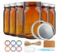 CARBLIN 6 Pack Mason Jars 32 oz, Amber Wide Mouth Canning Jars with Airtight Lids, Glass Pint Jars with Bands Labels Brush, Large Storage Quart Jars for Jam Fermenting Preserving
