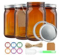 CARBLIN 6 Pack Mason Jars 32 oz, Amber Wide Mouth Canning Jars with Airtight Lids, Glass Pint Jars with Bands Labels Brush, Large Storage Quart Jars for Jam Fermenting Preserving