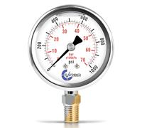CARBO Instruments Stainless Steel Pressure Gauge Dual Display (0-1000 psi/kPa) - 2 1-2" Glycerine Liquid Filled Water Air Oil Gas Gauge with Polycarbonate Lens & Brass Connection -1/4" NPT Lower Mount
