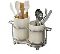 Carbon Steel Chopstick Holder Double Compartment with Drain Tray | Double compartment carbon steel utensil holder with ventilated base and drain tray.