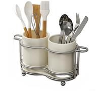 Carbon Steel Chopstick Holder Double Compartment with Drain Tray | Double compartment carbon steel utensil holder with ventilated base and drain tray.
