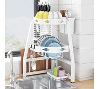 Carbon Steel Dish Drainer Rack with Utensil Holder & Knife Hooks - Space-Saving Corner Shelf for Kitchen Sink & Worktop, Durable Dish Drying Rack