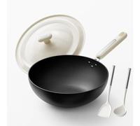 Carbon Steel Wok Pan - 11.8 Inch Pre-Seasoned Flat Bottom Chinese Woks & Stir Fry Pans with Lid, Lightweight Kitchen Cookware for All Stovetops, Gas, Electric, Gift for Women/Mom with Spatula Spoon