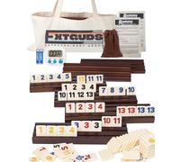 CarbonMan 6 Player Rummy Cube Game Set, Classic Travel Rummy Cube Game, with 6 Wooden Racks/Trays, 160 Rummy Tiles, Portable Canvas Bag, 1 Timer, 1 Velvet Storage Bag,for Family and Party