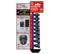 CARBYNE 9-Piece SAE Stubby Low Profile Impact Socket Set, 3/8 in. Drive | 1/4 to 3/4 in. Sizes, Cr-Mo Steel, Manganese Phosphate, 17mm External Hex, 22.5mm Height, Hand or Powered Ratchet