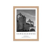 Carcassonne Travel Print Carcassonne Wall art Black and white Poster A4 Print in Oak Effect frame 24.5 X 33cm (9.6x13inch)