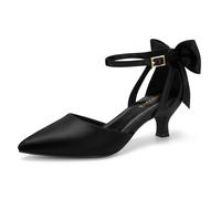 Carcuume Women's Kitten Heels with Bow Closed Toe Sandals Ankle Strap Wedding Pump Shoes, Black Satin, 5.5 UK