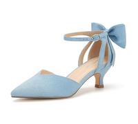 Carcuume Women's Kitten Heels with Bow Closed Toe Sandals Ankle Strap Wedding Pump Shoes, Light Blue, 7 UK