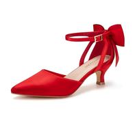 Carcuume Women's Kitten Heels with Bow Closed Toe Sandals Ankle Strap Wedding Pump Shoes, Red Satin, 2.5 UK