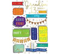 13 Today Grandson 13th Quotes & Banners Design Happy Birthday Card Lovely Verse