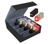 Card Box for 3200+ Cards, Trading Card Storage Boxes with 24 Colourful Dividers, 4 Foam Blocks, Premium Magnetic Deck Boxes, PU Leather Deck Case for TCG Magic The Gathering Cards (Black Grey)
