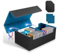 Card Deck Box for Trading Cards, 1600+ Magnetic PU Leather Card Storage Box, 6 in 1 Commander Trading Card Storage Box with 4 Dividers and 2 Insertable Cards for Magic The Gathering (Black+Blue)