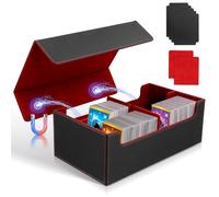 Card Deck Box for Trading Cards, 1600+ Magnetic PU Leather Card Storage Box, 6 in 1 Commander Trading Card Storage Box with 4 Dividers and 2 Insertable Cards for Magic The Gathering (Black+Red)