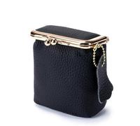 Card Holder Full Grain Cow Leather Coin Purse Handbag Kiss Clasp Lock Bag Mini Vintage Clutch Lipstick for Commute(Black)
