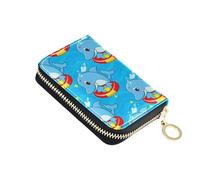 Card Holder Wallets RFID Blocking Small Women's Wallet Leather Zipper Change Purse with Key Ring Cute Cartoon Dolphins Blue