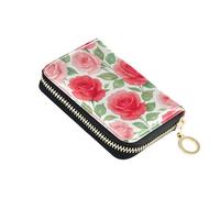 Card Holder Wallets RFID Blocking Small Womens Wallets Leather Zipper Card and Cash Holder Watercolor Pink Roses Green Leaves
