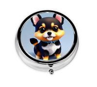 Card Love Fancy Puppy Round Mini Pill Box: 3-Compartment Portable Metal Pill Organizer with Snap Closure, Ideal for Daily Travel Use