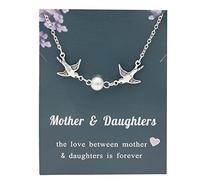 Card Necklace Double Swallow Pearl Pendant Mothers Day Decoration Stainless Steel Necklaces Christmas Love Pendant Chain Fashion Necklace For Women Jewelry Party Girls Necklaces for (Silver, One Size)