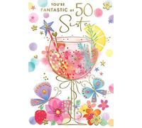 Card Sister 50th 50 Gin Glass & Butterflies Design Happy Birthday Lovely Verse