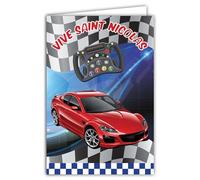 Card That opens Vive Saint Nicolas Bonne Fête 6 December Red Car Sport Racing Motor Controller Games Online Games Boy Child or Teenager Friend Boyfriend - with White Envelope Format 12 x 17.5 cm