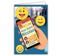 Card That Opens Vive Saint Nicolas Bonne Fête 6 December Smileys Emoticons Smartphone Online Chat Social Networks Boy Child Teenager Friend Boyfriend - with White Envelope Format 12 x 17.5 cm