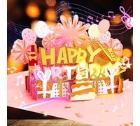 Cardaros Birthday Cards With Envelopes,Fireworks 3D Pop up Cake Light and Music Happy Birthday Card Gifts for Women Men Mum Sister Dad Pink