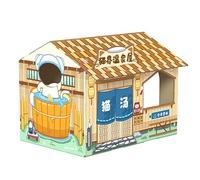 Cardboard Cat House, Cat Scratcher Box, Reversible Cat Play House, Recyclable Corrugated Scratch Toy Durable Board Pads Prevents Furniture Damage Breathable Cat Scratcher House for(Hot Spring House)