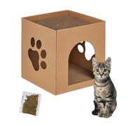 Relaxdays Cat House Cardboard, Kitten Cave Cat Hide Scratching Board, Easy Assembly, Incl. Catnip, 30 x 30 x 30.5 cm, Brown