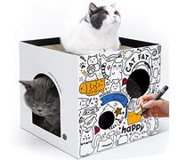 Cardboard Cat House with 2 Story Scratch Pads Pet Play House for Indoor Corrugated Scratcher Box Cat Scratching Toy Hideout for Bunny Small Animals.（White)