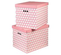 Cardboard Storage Boxes with Lid, Decorative Wardrobe, Closet, Home & Office Organiser with Handle, Flat-Packed, Stackable File Box, Gift for Adults & Kids, Set of 2, XLarge - Pink White Dots