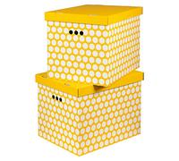 Cardboard Storage Boxes with Lid, Decorative Wardrobe, Closet, Home & Office Organiser with Handle, Flat-Packed, Stackable File Box, Gift for Adults & Kids, Set of 2, XLarge - Mustard White Dots