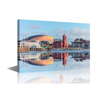 Cardiff Wales Home Decor the Cardiff Bay Wall Paintings Panoramic Cardiff Canvas Wall Art Cardiff Wales Wall Decorations for Living Room 1 Panel Artwork Framed Stretched Ready to Hang (16''Wx 24''H)