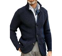 Cardigan Button Lapel Sweater Casual Long Sleeve Solid Color Knitted Sweater Men'S Jacket-Dark Blue-L