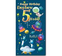 Cardigan Cards 5th Birthday Card for Nephew - Vibrant Space Alien & Dinosaur Design - Age 5 Birthday Greeting Card for Him