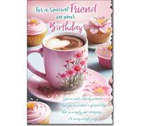 Cardigan Cards Birthday Card for Friend - Pretty Tea and Cake Design - Flitter Finish - Scalloped Edge - Pretty Birthday Greeting Card for a Special Friend - For Women
