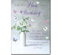 Cardigan Cards Birthday Card for Mum - Pretty Vase & Butterfly Design - Sentimental Message - Flitter Finish - Floral Birthday Greeting Card for Her