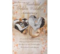 Cardigan Cards Golden Wedding Anniversary Card for Husband, 50 Years Married, Romantic Verse with Vintage Car and Wedding Ring Design