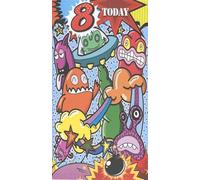 Cardigan Cards Happy 8th Birthday Card, Fun Monsters and Alien Cartoon Design, Age 8 Today