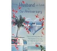 Cardigan Cards Husband Anniversary Card, Beach and Campervan Design with Heart Theme, Romantic Verse Inside, Code 100