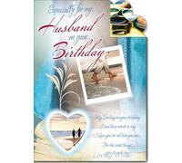 Cardigan Cards Husband Birthday Card, Romantic Beach Design with Heart Theme, Large Format with Loving Verse