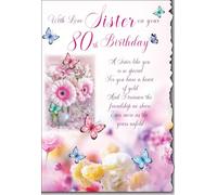 Cardigan Cards Sister 80th Birthday Card, Flowers and Butterflies Design, Sentimental Verse, pink, 23 x 16 cm