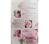 Cardigan Cards Wife 80th Birthday Card - Large Luxury Greeting Card Code 250 - 3 Page Insert - Floral Design with Verse - 25cm x 17cm
