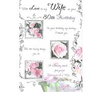 Cardigan Cards Wife 80th Birthday Greeting Card, Floral Rose Design with 3-Page Sentimental Insert