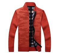 Cardigan for Men UK Fleece Lined Knit Jacket Full Zip Knitted Cardigan Thick Long Sleeve Knitted Jumper Outerwear Chunky Thermal Knitwear Slim Fit Autumn Winter Warm Sweater Coat with Pocket Orange