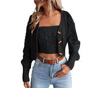 Cardigan for Women UK Knit Button Down Cardigan Sweaters 2 Pieces Sweatshirt Pullove Crop Top Sets Batwing Cardigan Black