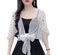 Cardigan Short Sleeve,Women's 3/4 Sleeve Shrug Summer Crochet Floral Lace Bolero Cardigan Mesh Embroidery Jacket Dolman Sleeve Elegant Shoulder Jacket See Through Cover-Up for Dresses,White,XL