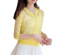 Cardigan Short Sleeve,Women's Lace Bolero Shrug Short Cardigan Knitted 3/4 Sleeves Flower Blouse Shirt See-Through Tunic Open Front Cardigan Boho Mesh Festival Jacket Cover-Ups for Dresses,Yellow,L