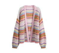 Cardigan Sweaters for Women,Women’S Chunky Knit Sweater Cardigan Knitted Coat Loose Colorful Striped Long Sleeve Open Front Cardigan Ribbed Placket Soft Elegant Autumn Lightweight Jacket,Pink,L