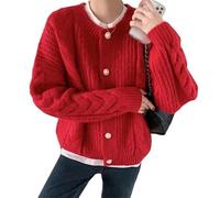 Cardigan Sweaters For Women,Women'S Chunky Cardigan Sweater Vintage Pearl Button Knitted Coat Tunic Long Sleeve Jacket Elegant Open Front Cardigan Cable Knit Soft Thick Pullover Autumn,Christmas Red