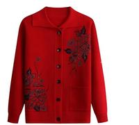 Cardigan Women,Middle-Aged and Elderly Knitted Cardigan Sweaters - Old Lady Sweaters for Women Velvet Lining Knitwear Jacquard Jacket Thick Winter Warm Old Lady Costume Grandma Gifts Red (Velvet) S